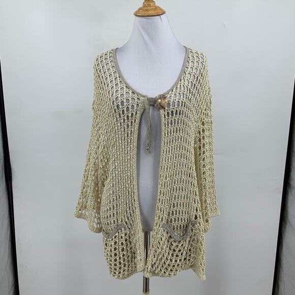 Zele Cardigan Womens M Medium Cream Flax Linen Open Knit Shell Button Pockets - Picture 2 of 11